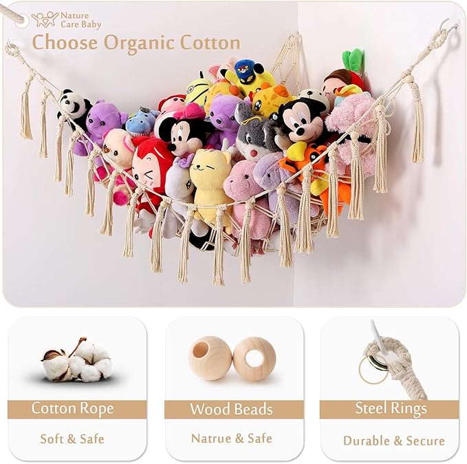 Stuffed Animals Hammock Corner Hanging Net with Wooden Beads Macrame Stuffed Animal Storage Ideas Plush Holder Toy Organizer for Boho Nursery Playroom Bedroom Kids Room Decor (cream, X-Large)