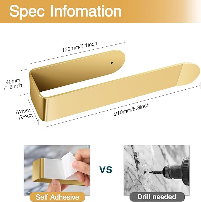 8 Inch Hand Towel Holder, Self Adhesive Towel Bar for Bathroom, Rustproof Aluminum U-Shape Towel Rack Stick on Wall, Brushed Gold
