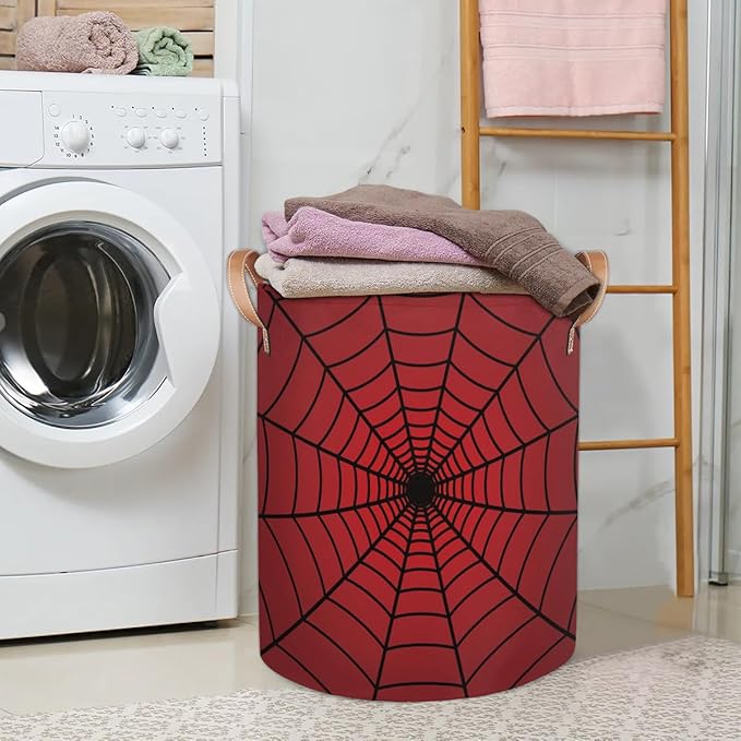 Red Spider Web Laundry Hamper Basket for Boys 18" Collapsible Polyester Sturdy & Lightweight Clothes Storage Bin with Handles for Kids Room Bedroom Bathroom Living