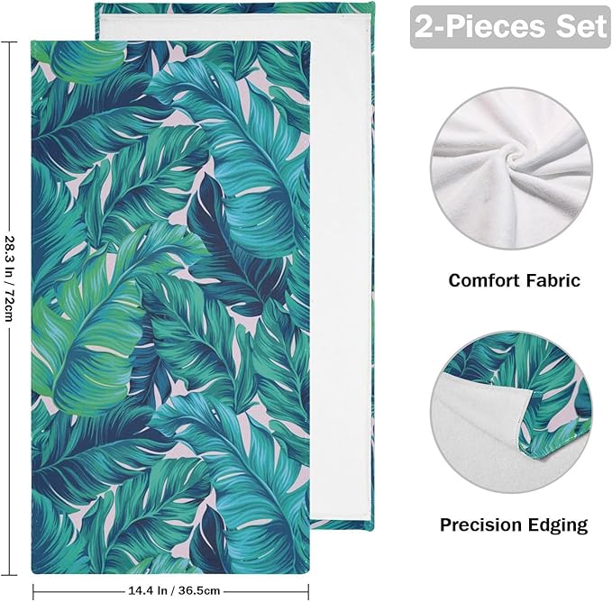 2 Pcs Tropical Blue Green Leaves Hand Towels for Bathroom,Soft Absorbent Palm Banana Leaf Botanical Dish Towels for Kitchen,Quick Dry Decorative Bathroom Towels for Face,Hair,Shower 14"x28"