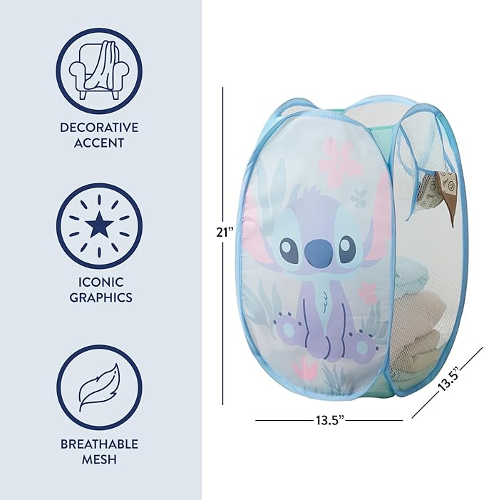 Disney Stitch Pop Up Hamper – Collapsible Laundry Basket with Durable Carry Handles – 21'' x 13.5'' – Lightweight Storage Bin for Kids, Nursery, Bedroom & Toys