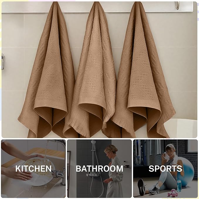 4-Pack Brown Luxury Decorative Bathroom Hand Towels – 13"x29.1" Boho Bath Hand Towels Set with Jacquard Weave & Fringe, Cotton Absorbent Soft Face Towels for Kitchen/Bathroom/Farmhouse