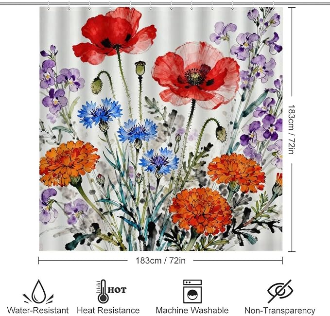 4 Piece Bathroom Rug Set with Shower Curtain, Non-Slip Bath Mat Toilet Cover Set, Wisteria Cascade Bathroom Rug Sets
