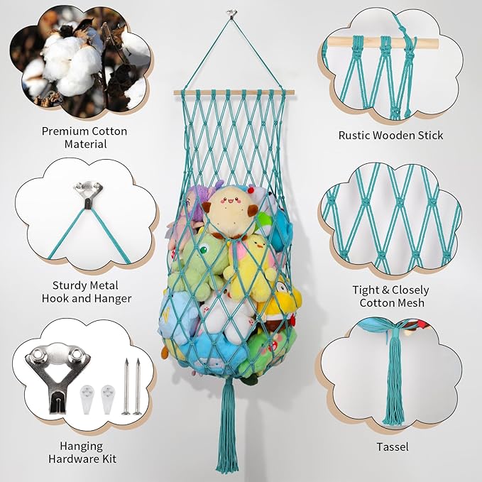 68 Inch Stuffed Animal Storage, Jumbo Macrame Stuffed Animal Hammock Corner, Wall Ceiling Hanging Toy Stuffy Hammock Plushie Net Display for Kids Boys Girls Nursery Decor (Aqua)