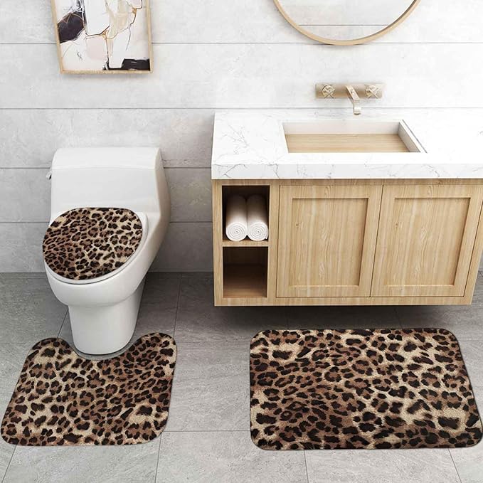 4PCS Black Brown Leopard Print Shower Curtain Sets With Rugs, Waterproof Fabric Shower Curtain, African Wildlife Wild Animal Safari Skin Powerful Cheetah Cat Panthera Fur Modern Bathroom Decor