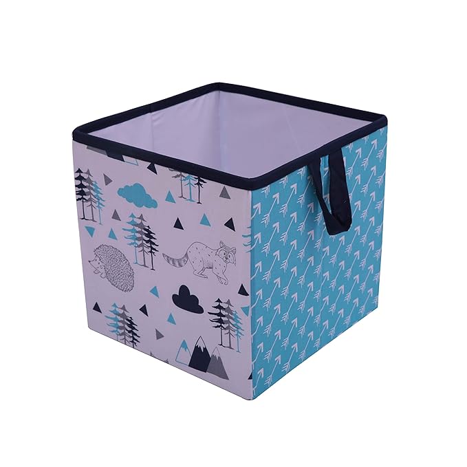 Bacati – Small Storage Tote Woodlands Animals Aqua/Navy/Grey 10X 10 X 10 inches