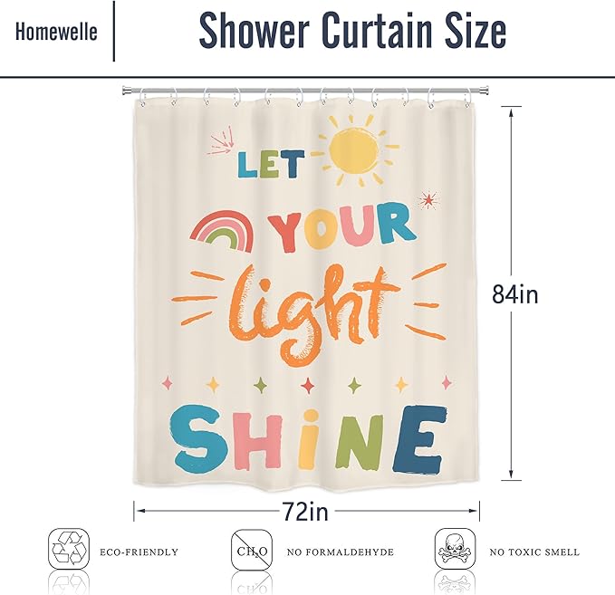 Homewelle Extra Long Kids Quotes Shower Curtain Inspirational Cartoon Colorful Let You Light Shine 72Wx78H Inch English Letter Sun Simple for Child Waterproof Polyester Fabric Bathroom Bathtub