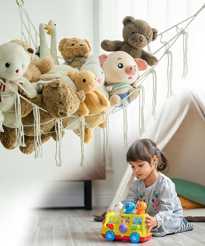 Stuffed Animal Storage Corner Hammock or Net,Toy Storage Hammock for Stuff Animals,Plushie Net for Nursery Bedroom Wall,Stuffed Animal Organizer Holder for Plush,Cute Boho Room Decor(Beige)