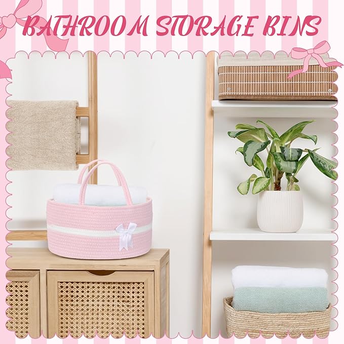 Yinkin 1 Pcs Valentine's Day Woven Large Storage Basket with Handles and Removable Divider Gift Baskets with Bow for Closet Bedroom Nursery Toys Organizing, 14.17 x 8.66 x 7.09 Inches(Pink and White)