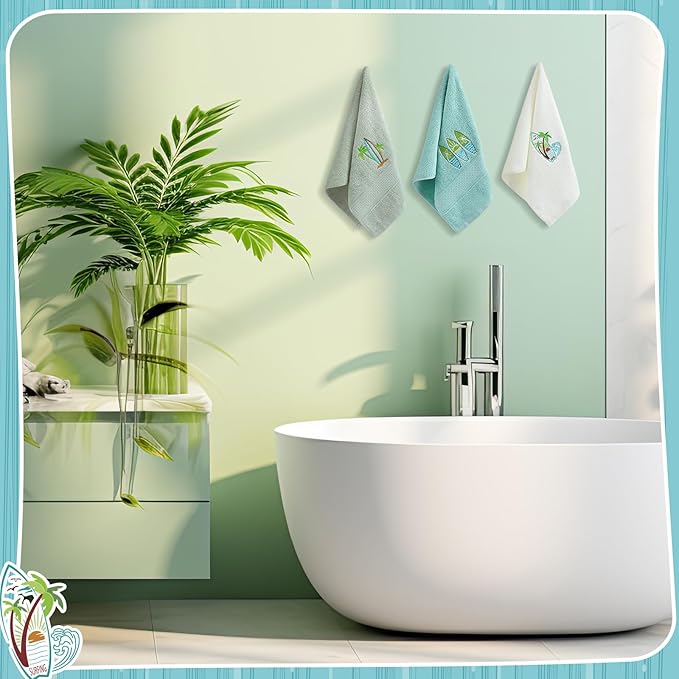 3 Pack Summer Surfboard Hand Towels for Bathroom 100% Cotton Embroidered Beach Bathroom Towels 13.78 x 29.53 Inch Soft Absorbent (Green Series, Surfboard)