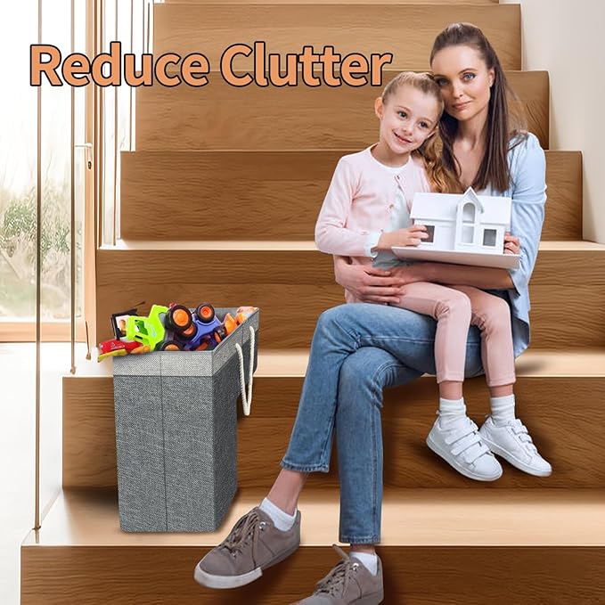2 Pack Stair Basket for Stairs with Handle, Staircase Baskets for Carpeted and Wooden Stairs,16" Step Storage Laundry Basket for Toys, Clothes, Books, Tools, with Hard Board, Anti-slip（Gray）