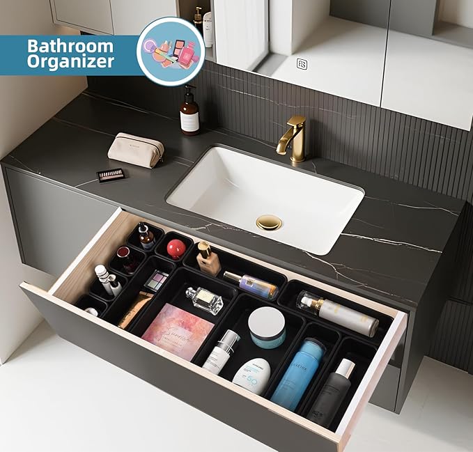 25 PCS Black Drawer Organizer Set, 4 Size Interlocking Plastic Storage Bins for Office Supplies, Jewelry Makeup Vanity, Bathroom Kitchen, Home Organization Closet, Gadgets Small Items