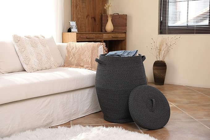 26" x 20" Handcrafted Tall Cotton Rope Basket with Lid, Stylish Flagon Shape with Cover, Clothes Hamper with Top, for Bedroom and Living Room, All Grey Black Mix