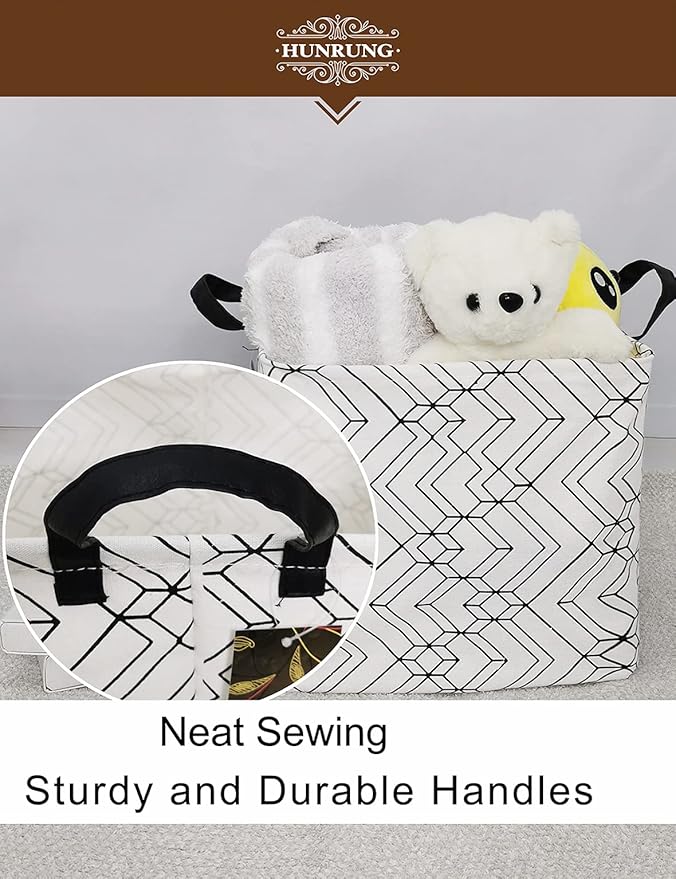 HUNRUNG Square Storage Bins Nursery Hamper Canvas Laundry Basket Foldable with Waterproof Nursery Boxes for Shelves/Gift Baskets/Toy Organizer/Office, Bedroom (Square-black transverse geometry)