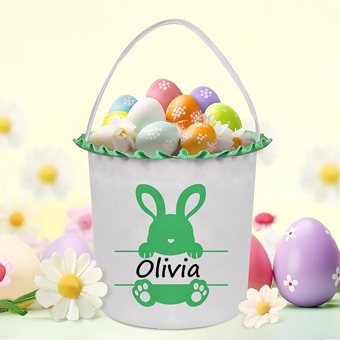 Easter Baskets for Girls Boys, Personalized Easter Basket with Name - Cute Green Bunny