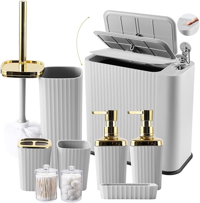 9-Piece Light Gray Bathroom Set with Slim Trash Can Press Top Lid, Modern Bathroom Accessories Sets with Toilet Brush, Soap Dispenser, Toothbrush Set, Soap Dish & Apothecary Jars