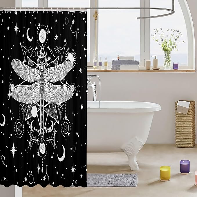 Gothic Moth Shower Curtain,Galaxy Sun and Moon Constellation Boho Style Skull Skeleton Bath Curtain for Kids Bathtubs Decor,Halloween Black White Waterproof Shower Curtain 72" Wx84 L
