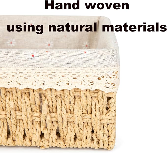 Wicker Baskets with Liner for Counter, Natural Paper Rope Rattan Storage Basket,Hand Woven Pantry Table Organizer Bins for Bedroom Living Room School Shelves Office Desk (3 Pack Beige)