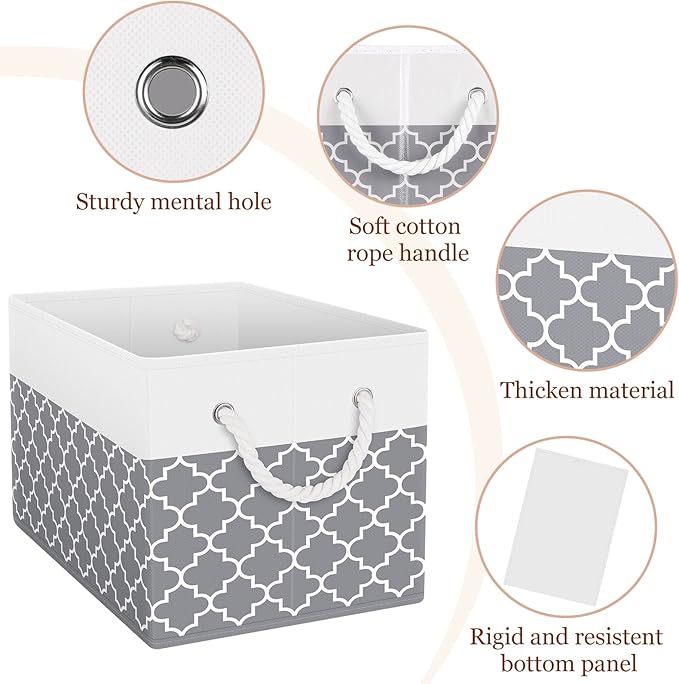 Fab totes Storage Bins [6-Pack], Foldable Storage Baskets for Organizing Toys, Books, Shelves, Closet, Large Storage Box with Rope Handles, Sturdy Organizer Bins,Clover Grey
