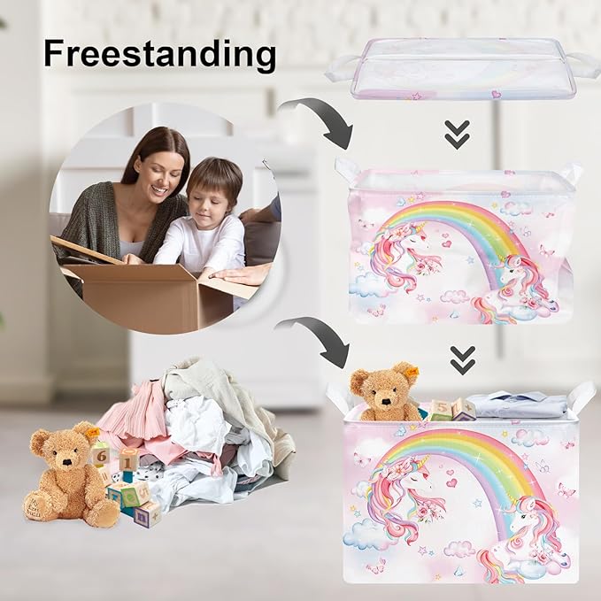Clastyle Collapsible Large Rainbow Unicorn Baby Girl Basket Pink Flower Cloud Butterfly Book Shelf Basket with Handle Rectangle Toy Clothes Cube Storage Basket for Kids Room Nursery