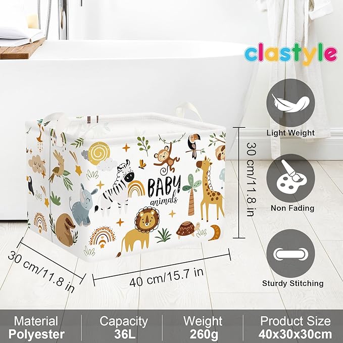 Clastyle Cute Forest Animal Laundry Basket Elephant Lion Kids Clothes Book Storage Basket Gift Toy Box for Bedroom Decor,Brown,40x30x30 cm