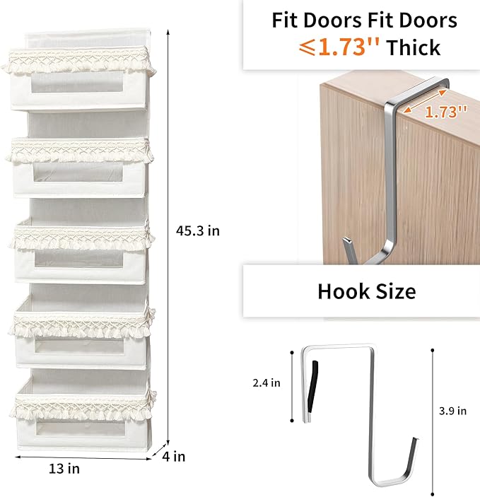Aokeyee 5 Tier Over The Door Organizer Storage Nursery, Boho Door Organizer Hanging with Tassels and Clear Window, 65lb Behind The Door Storage for Baby Nursery, Bedroom, Bathroom, Laundry, Pantry