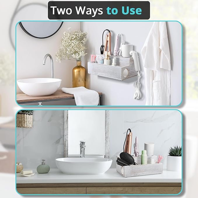 Hair Tool Organizer, White Washed Wood Hair Dryer Holder Countertop, Wall Mount Hot Tools Organizer for Hair Styling Accessories, Bathroom Supplies Vanity Caddy for Curling Wand, Blow Dryer