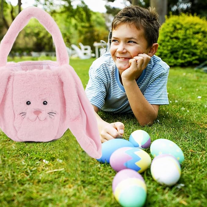 Spryflower Plush Easter Bunny Basket, Children Easter Basket, Cute Cartoon Long Ears Bunny Egg Basket, Soft Plush Easter Gift Bag for Kids, Perfect for Easter Egg Hunt and Family Gath (Pink)