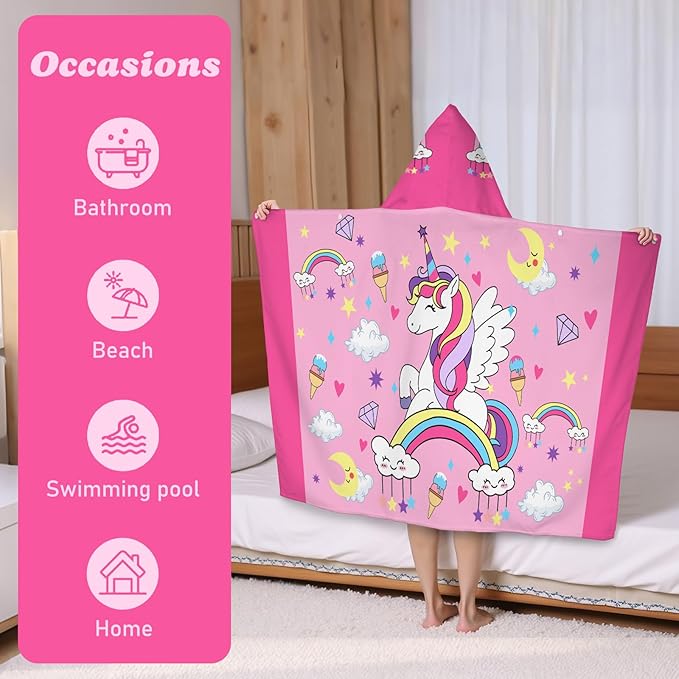 Hooded Towels for Kids Unicorn 50" x 30" Toddler Bath Beach Towel Poncho with Hood Super Soft and Absorbent 100% Microfiber for Girls Ages 3-10