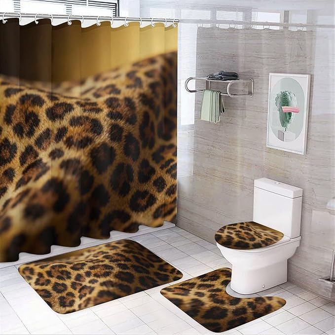 4 Piece Bathroom Rug Set with Shower Curtain, Non-Slip Bath Mat Toilet Cover Set, Leopard Print Bathroom Rug Sets