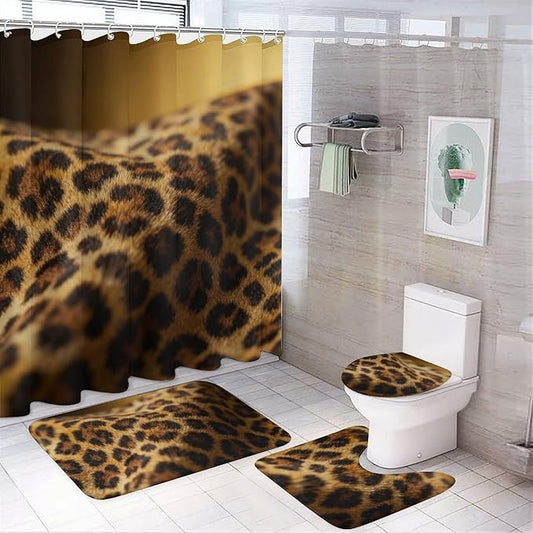 4 Piece Bathroom Rug Set with Shower Curtain, Non-Slip Bath Mat Toilet Cover Set, Leopard Print Bathroom Rug Sets