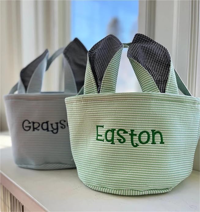 Personalized Seersucker Easter Basket with Gingham Bunny Ears - Custom Embroidered Canvas Basket