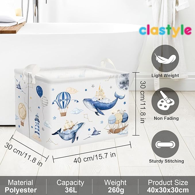 Clastyle Flying Whales Turtle Baby Storage Basket Large Sea Animal Boy Girl Book Gift Toy Bin Collapsible Bedroom Kid Clothes Nursery Hamper