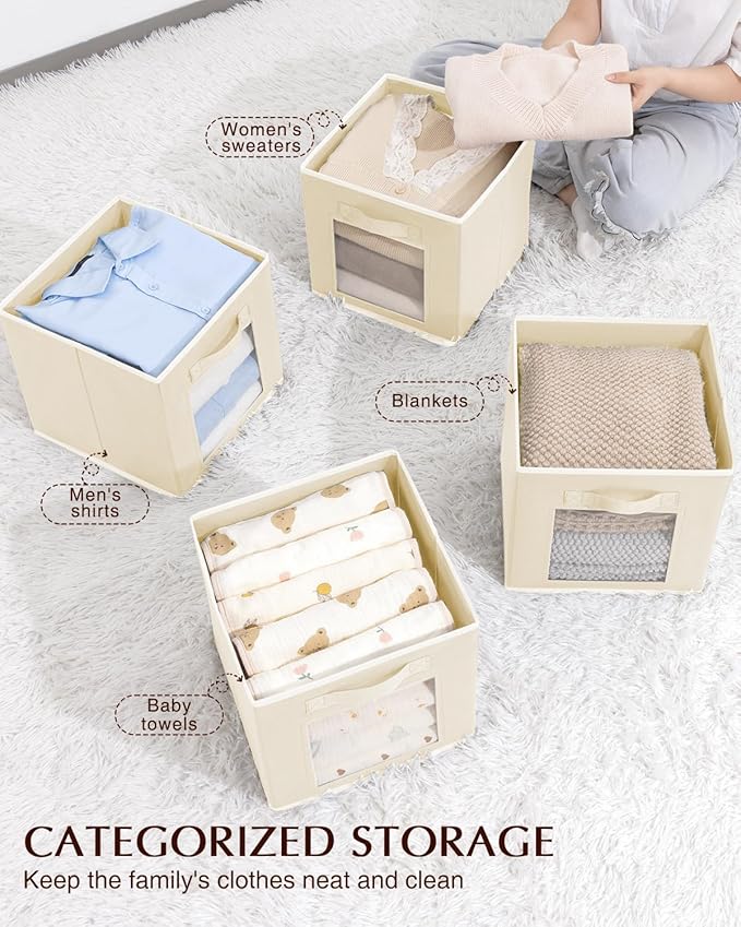 Foldable Storage Cubes - Cubby Storage Organizer with Window, Decorative Baskets for Organizing, 11 Inch Fabric Cube Shelf Bins, Set of 10, Beige
