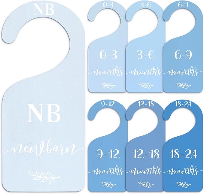 Whaline 7Pcs Blue Wood Baby Closet Size Dividers with Velvet Bag Newborn to 24 Month Thicken Infant Wardrobe Hanger Organizers for Home Nursery Party Favors Supplies