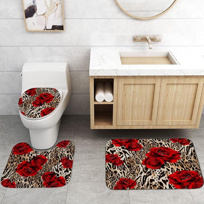 4PCS/Set Brown Leopard Print Shower Curtain, Romantic Red Rose Panthera Cheetah Safari Wildlife Wild Animal Skin Pattern Women Bathroom Decor, Non-Slip Bath Rugs Toilet Mats, Blooming Floral