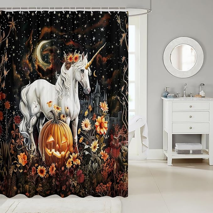 Halloween Theme Moon Starry Sky Waterproof Bath Curtains with 12 Hooks Suits for Bathtub,Flower Pumpkin Lantern Shower Curtains,Unicorn Bathroom Curtains,78 Inch Long