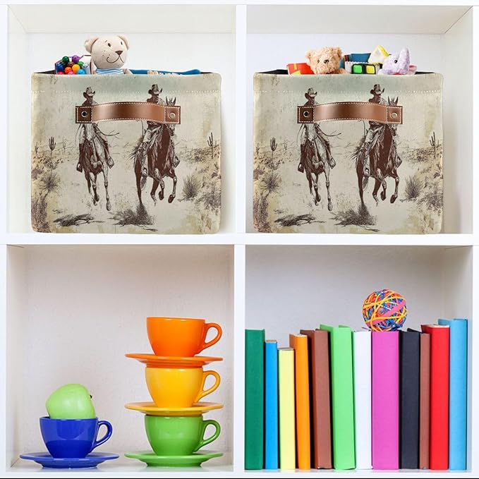 Horse Desert Cowboy Beige Rectangular Storage Bin Basket with Handles - Organizer Bins Laundry Storage Basket for Pets Room Books Closet