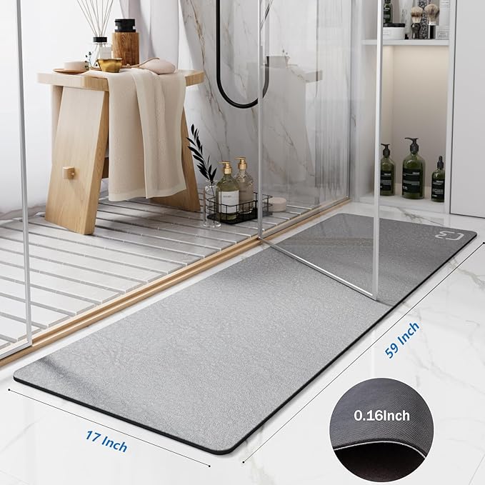 Grey Bath Mat 17" x 59" Extra Long Bathroom Mat Large Fast Dry Super Absorbent Non-Slip Rubber Backed Shower Mat Bath Rugs Mats for Bathroom Floor, Tub, Shower, Sink, Gray