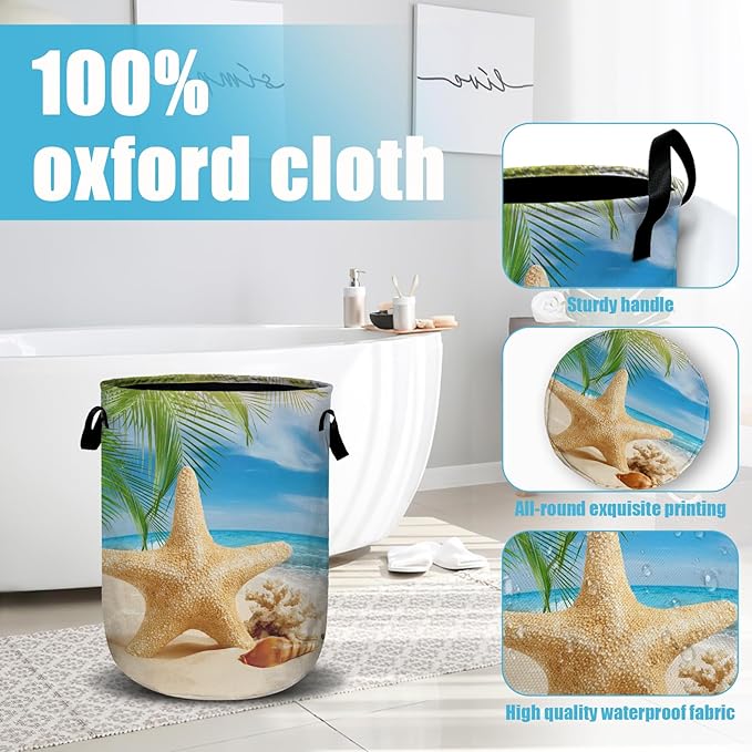 Starfish Seashell Laundry Basket, Ocean Sea Beach Laundry Hamper Collapsible Oxford Cloth with Handle Clothes Toy Storage Bin for Bathroom Laundry Room Bedroom 15.7 X 20 Inch