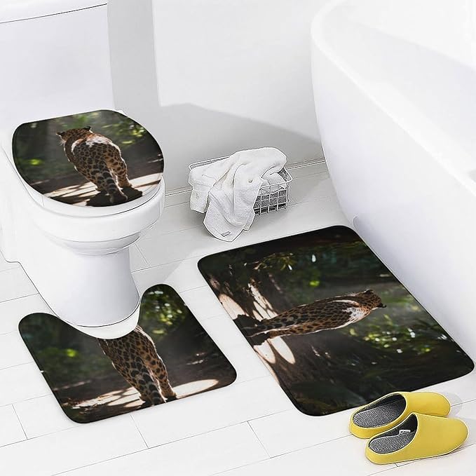 4 Piece Bathroom Rug Set with Shower Curtain, Non-Slip Bath Mat Toilet Cover Set, Cheetah Bathroom Rug Sets