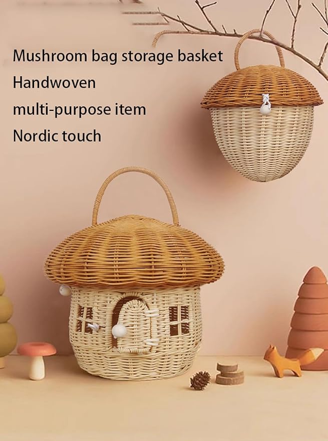 Handmade Rattan Mushroom-Shaped Storage Basket- Cute Handcrafted Decoration Artwork Rattan, Red Easy to Use(D)