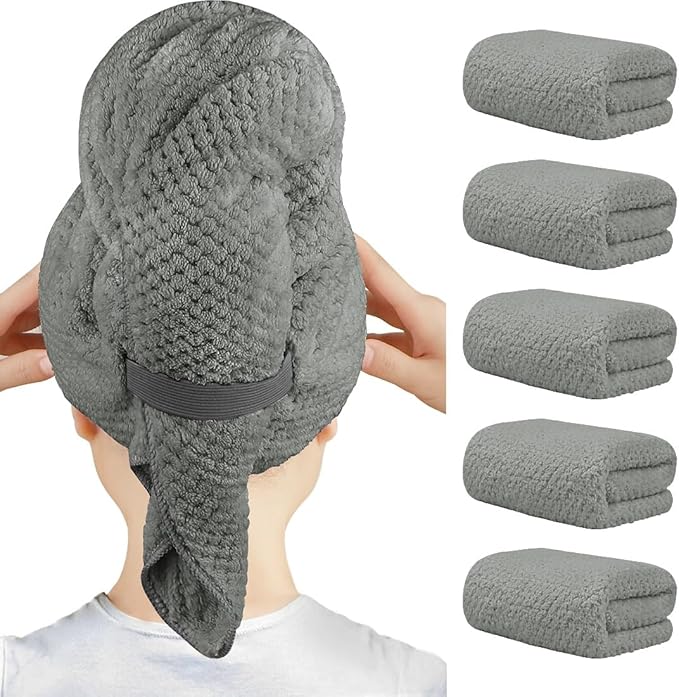 HOMEXCEL 5 Pack Large Microfiber Hair Towel Wrap for Women, Grey- 40 x 20 inches Super Soft, Fast Drying Turbans for Long, Thick, Curly Hair - Anti Frizz Wrap with Elastic Strap