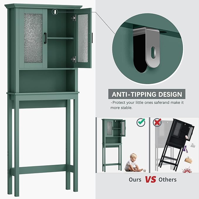 Over The Toilet Storage Cabinet, Over Toilet Bathroom Organizer with Glass Doors and Adjustable Shelf, Thicken Frame Above Toilet Storage Cabinet Behind Toilet Bathroom Organizer, Halcyon Green