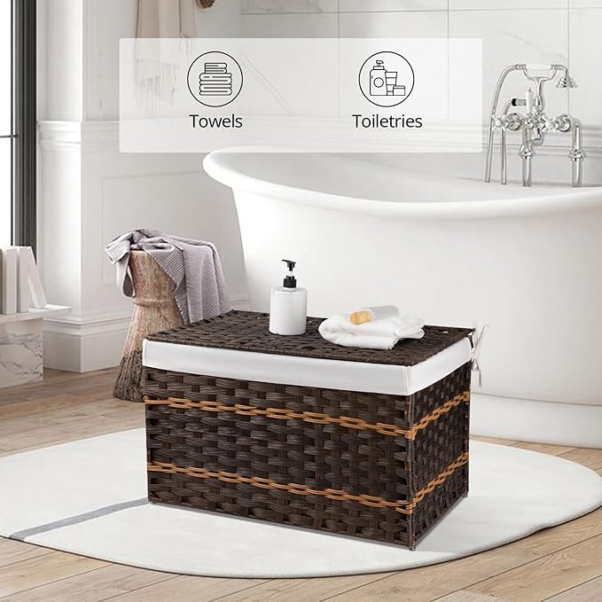OIAHOMY Storage Basket with Lid, 27.7 Gallon (105L) Blanket Basket with Removable Liner Bag, Synthetic Wicker Hamper with Handle, Hamper for Living Room, Brown