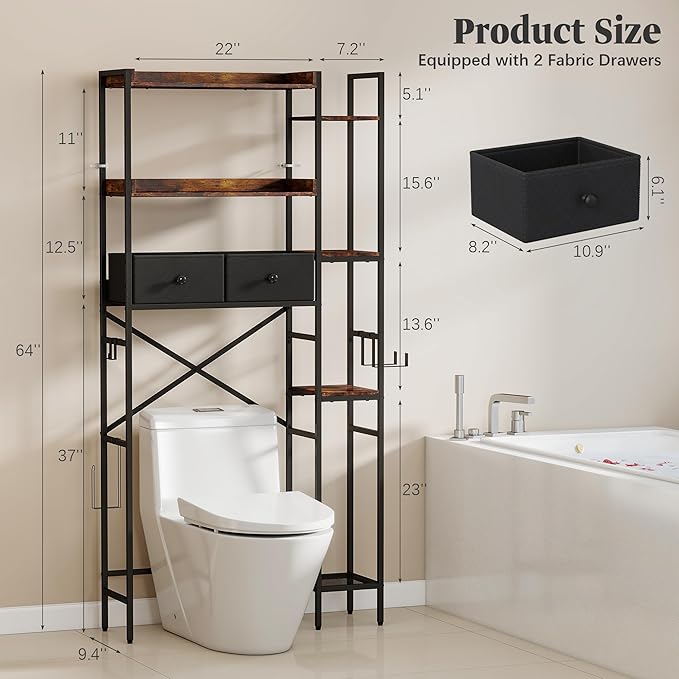 Over The Toilet Storage Shelf with Drawer, 7-Tier Above Toilet Bathroom Organizer with 4 Adjustable Side Shelves, Space Saver Freestanding Rack with Holder & Hook for Laundry Kitchen (Brown)