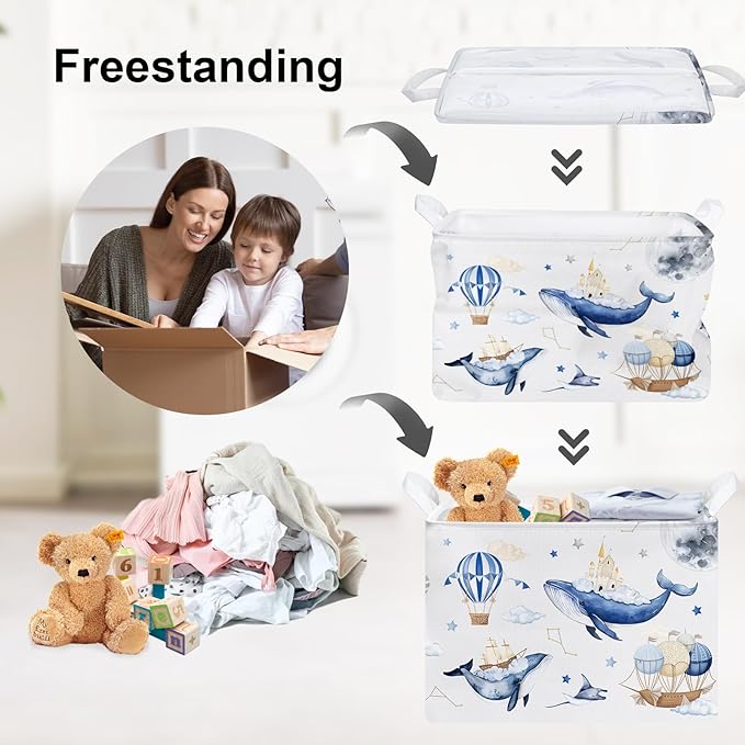 Clastyle Flying Whales Turtle Baby Storage Basket Large Sea Animal Boy Girl Book Gift Toy Bin Collapsible Bedroom Kid Clothes Nursery Hamper