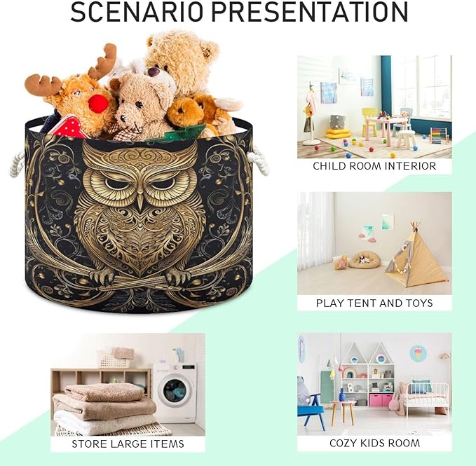 Blanket Storage Basket for Living Room - Abstract Funny Owl Large 20"x20"x14" Cotton Rope Handles Laundry Basket, Foldable for Toy Storage, Blanket Basket