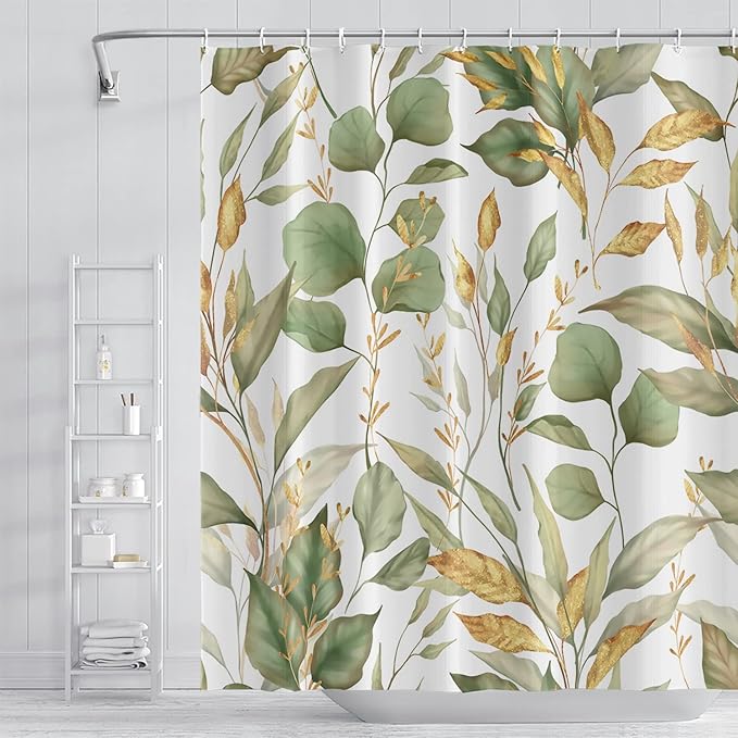 Green Eucalyptus Leaves Bathroom Curtain Tropical Leaf Nature Plant Polyester Waterproof Fabric Modern Home Decor Bath Shower Curtain with Hooks, 72x78 Inch