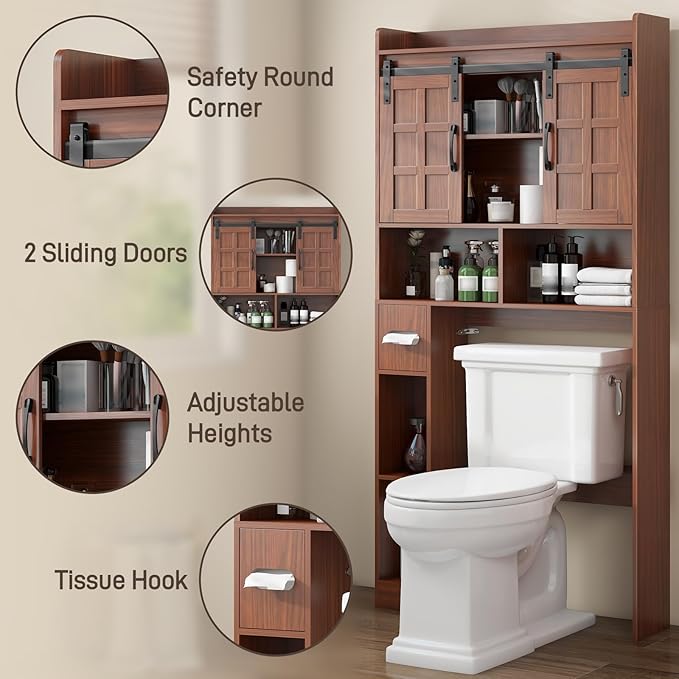 Over The Toilet Storage Cabinet, Farmhouse Storage Cabinet Over Toilet with Sliding Doors，Home Space-Saving Toilet Rack, for Bathroom, Restroom, Laundry. Walnut